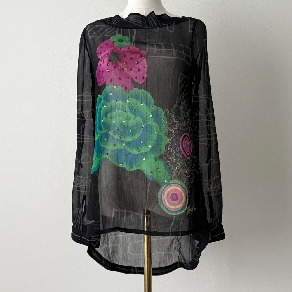 Alt Grunge Artsy Desigual Sheer Mesh Graphic Top Y2K Abstract Floral Small